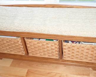 OAK STORAGE BENCH W/3 BASKETS & CUSHION