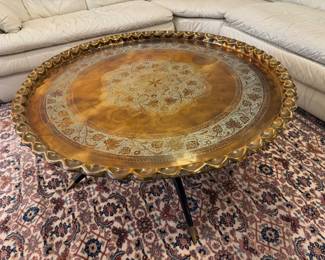 Vintage Middle Eastern Etched Brass Tea Tray Table with Stand (37-1/2"D x 18"H)