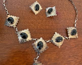 Sterling Silver & Black Onyx Necklace with Matching Earrings