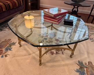  LaBarge Hollywood Regency Octagonal Brass & Glass Top Coffee Table (44"W x 41"D x 16"H)