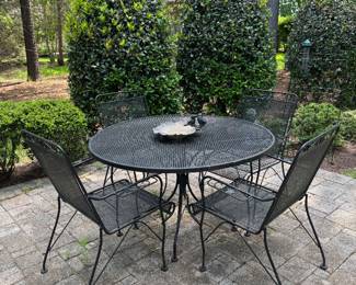 Vintage Outdoor Woodward Wrought Iron Patio Set (Dining Table - 48"D x 29"H w/ 4 Armchairs) 