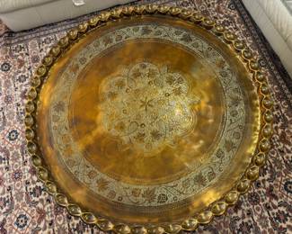 Vintage Middle Eastern Etched Brass Tea Tray Table with Stand (37-1/2"D x 18"H)