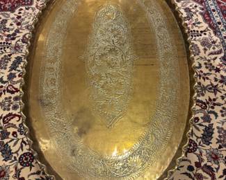 Vintage Middle Eastern Etched Brass Tea Tray Table with Stand (43"D x 19"H)