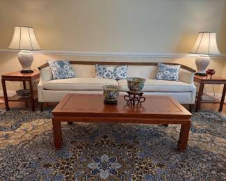MCM Curved Back Low Profile Sofa (30"D x 96"W x 28-1/2" Back Height) & Vintage Chinese Ming Style Rectangular Coffee Table (52"W x 24"D x 16"H) & 