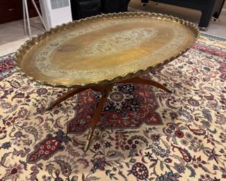Vintage Middle Eastern Etched Brass Tea Tray Table with Stand (43"D x 19"H)