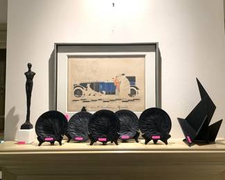 Bronze Figure, Lalique Plates, Steel Sculpture