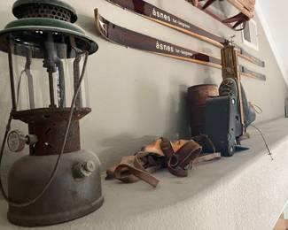 Antique skis and lantern