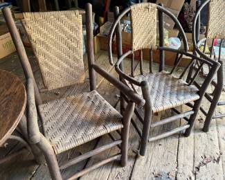 Mid 20th Century Adirondack Old Hickory Style Tree Branch Wood Frame Rattan Lounge Chairs