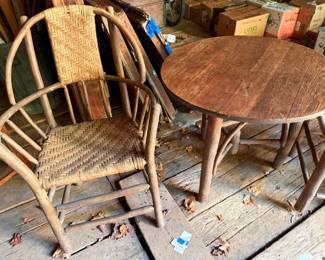 Mid 20th Century Adirondack Old Hickory Style Tree Branch Wood Frame Rattan Lounge Chairs