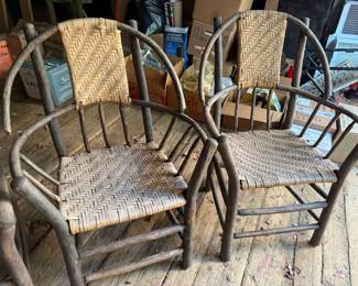 Mid 20th Century Adirondack Old Hickory Style Tree Branch Wood Frame Rattan Lounge Chairs & Table (1930's-40's)
