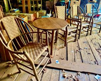 Mid 20th Century Adirondack Old Hickory Style Tree Branch Wood Frame Rattan Lounge Chairs & Table (1930's-40's)