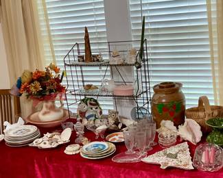 Butter churn, depression glassware, buttocks basket handmade, plates