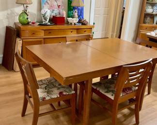 Retro blond table, chairs, buffet and China cabinet