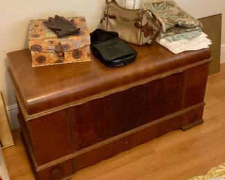 Lane cedar chest with drawer, purses , gloves