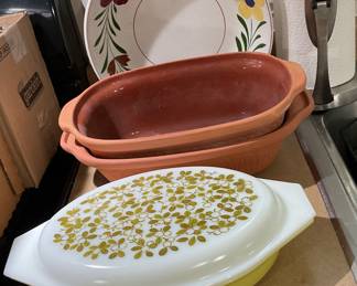 Pyrex baking dish with cover, clay baker, floral serving bowl