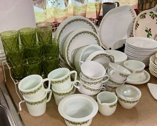 Corelle dinnerware, vintage avocado green glasses