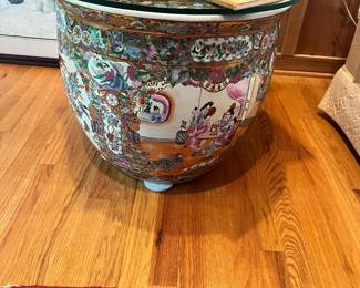 Large hand painted Chinese fishbowl end table 