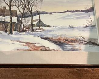 Signed  watercolor  snow scene 