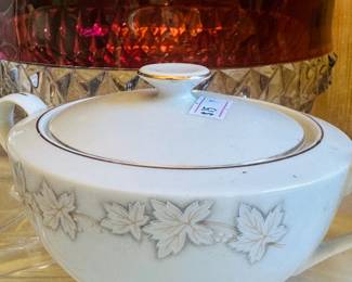 Vintage White Embossed Porcelain Covered Tureen / Serving Bowl β Maple Leaf Pattern and set