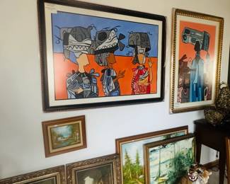 Collection of Framed Artwork Including Contemporary Cuban-Style Prints, Landscapes & Architectural Scenes