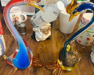 Pair of Murano-Style Art Glass Heron Bird Sculptures