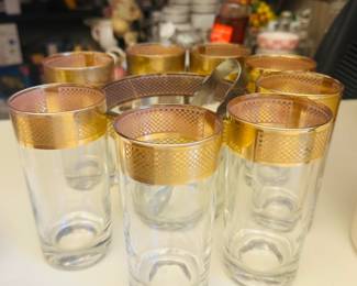 Vintage Gold Band Highball Glasses with Caddy, Set of 8