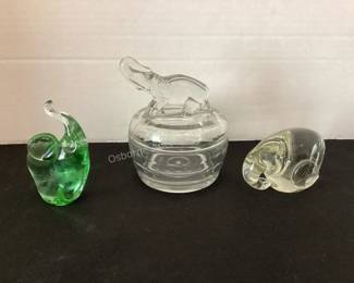 Elephant convered dish & paperweights