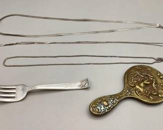 Sterling necklaces & fork, Art Deco mirror