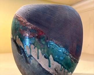 Beautiful, handcrafted ceramic vessel is an authentic raku studio art pottery piece by the late American ceramicist Michael Weinberg