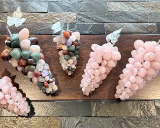 Vintage Pink Rose and Multi Color Quartz Grape Cluster w/ Metal Leaf