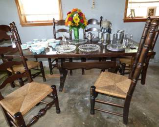 VINTAGE TRESTLE TABLE WITH 6 CHAIRS WITH RUSH SEATS