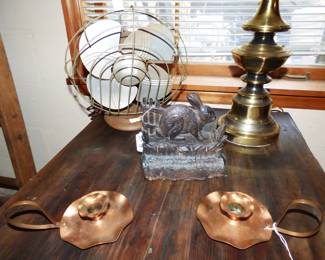 ANTIQUE CAST IRON RABBIT DOOR STOP, COPPER CANDLESTICKS, VINTAGE FAN