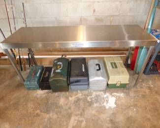 STAINLESS STEEL WORK TABLE, TACKLE BOXES WITH CONTENTS