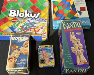 Lot 10: Blokus, Boggle, Bandu, Wig Out!, and Wooden Parquetry Blocks Games