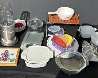 Lot 6: NutriBullet Blender, CorningWare Casserole Dish, Kitchen Scale, Bowls, Containers, and Framed Tile Trivets