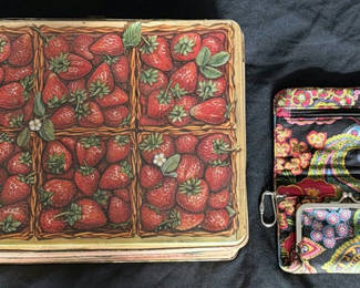 Lot 206: Strawberry-patterned vintage tin box and paisley fabric pouch
