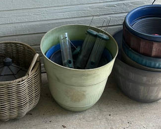 Lot 120: Planter Pots, Wicker Basket with Bird Feeder, and Tulip Arrangement
