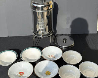 Lot 4: Berkey Stainless Steel Water Dispenser and Eight Ceramic Bowls