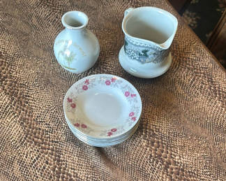 Lot 56: Porcelain Vase, Creamer, and Small Plates