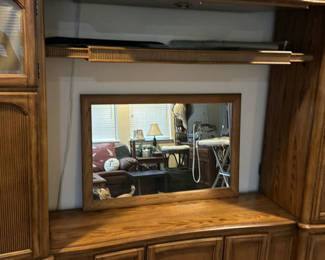 Lot 20: Wooden Wall Unit Cabinet with Glass Doors and Central Mirror