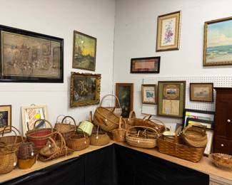 Lots of really nice baskets! Antique calendar framed, painting, pictures, etc...