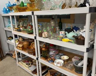 A sampling of our colored and clear antique and vintage glassware. Majolica and other collectibles.
