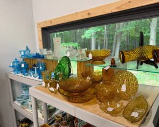 Close up of pattern colored glassware. 