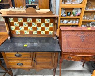 Server, Tile back, marble serving top and cherry wood. two drawers/one door. 36" w by 18" d by 50" tall at the back. 
