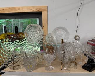 American Fostoria glassware and other miscellaneous pieces. Black Amethyst ink well. 