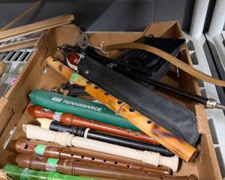 Miscellaneous Recorders. Music stand and bamboo flute. 