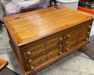 Spool cabinet, bun feet and stenciling added. Slanted lift top.