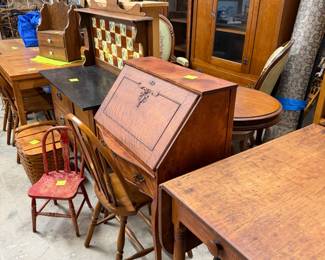 Dropleaf table (foreground), solid Cherry, 36" deep center board by each drop leaf of 15" deep. Total when open is 66". 28" tall. One drawer.