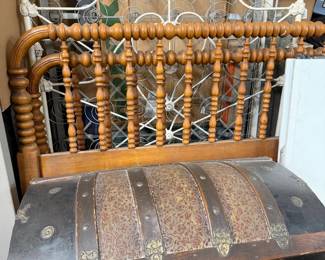 Humpback trunk. Wrought iron bed, side rails and boards, 42" wide; Spool wood bed, complete with rails and boards, 53" w. 