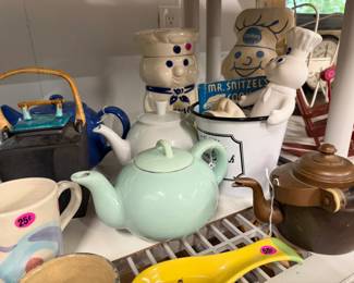 Teapots, ready to use. Pillsbury Dough Boy decorative items.